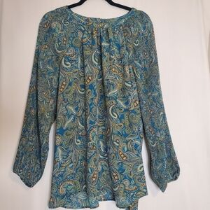 J. Jill Womens Size L L/Sl Turquoise print tunic blouse w/pleated full sleeves